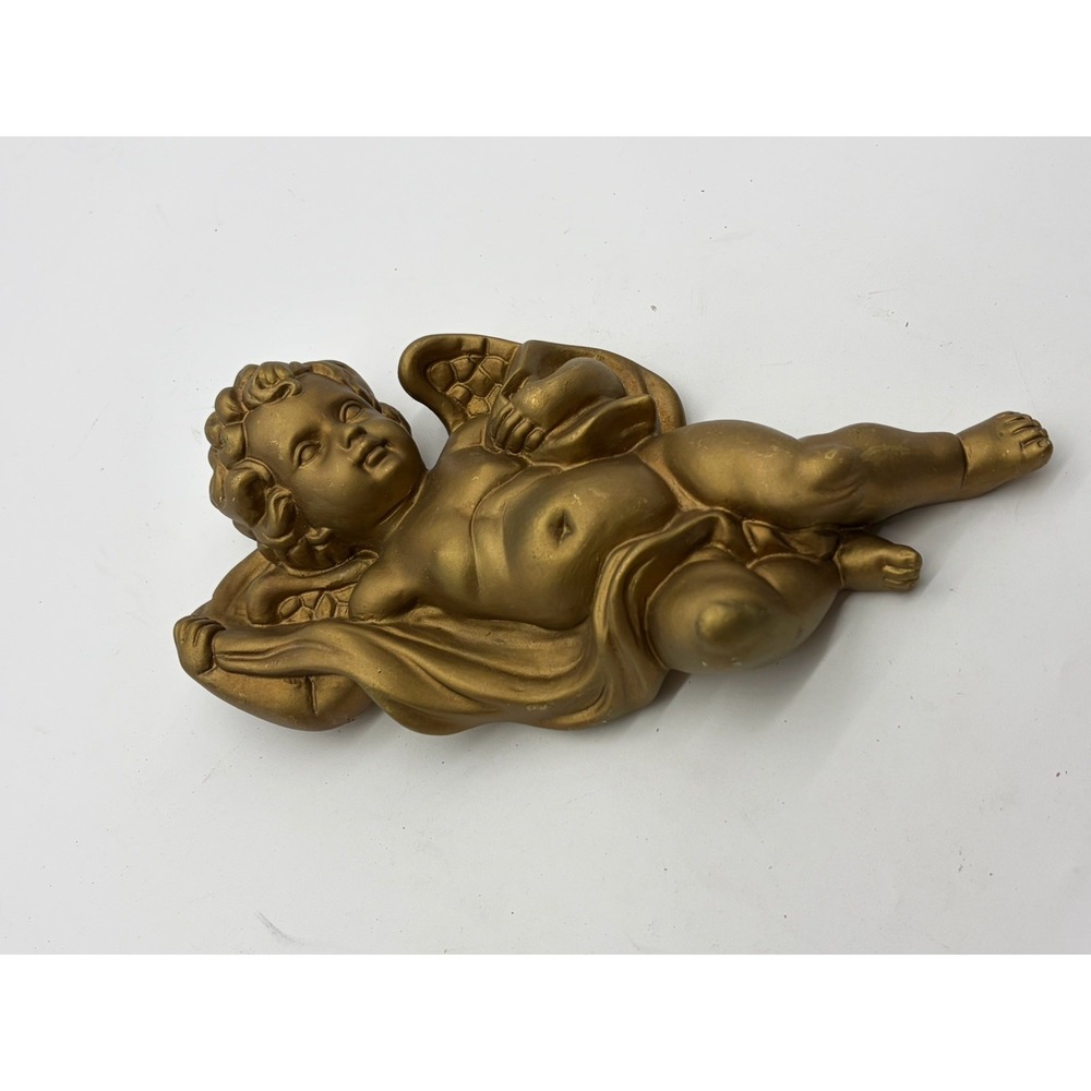 Vintage Home Decor Cherub Figurine Wall Hanging Gold Christmas 11" Long